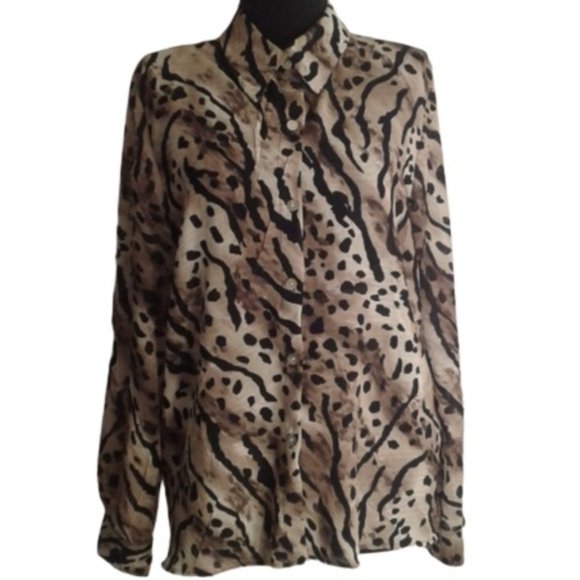 Alfred Dunner 10 animal print blouse MOP Button Front Sheer Leopard - Picture 1 of 8